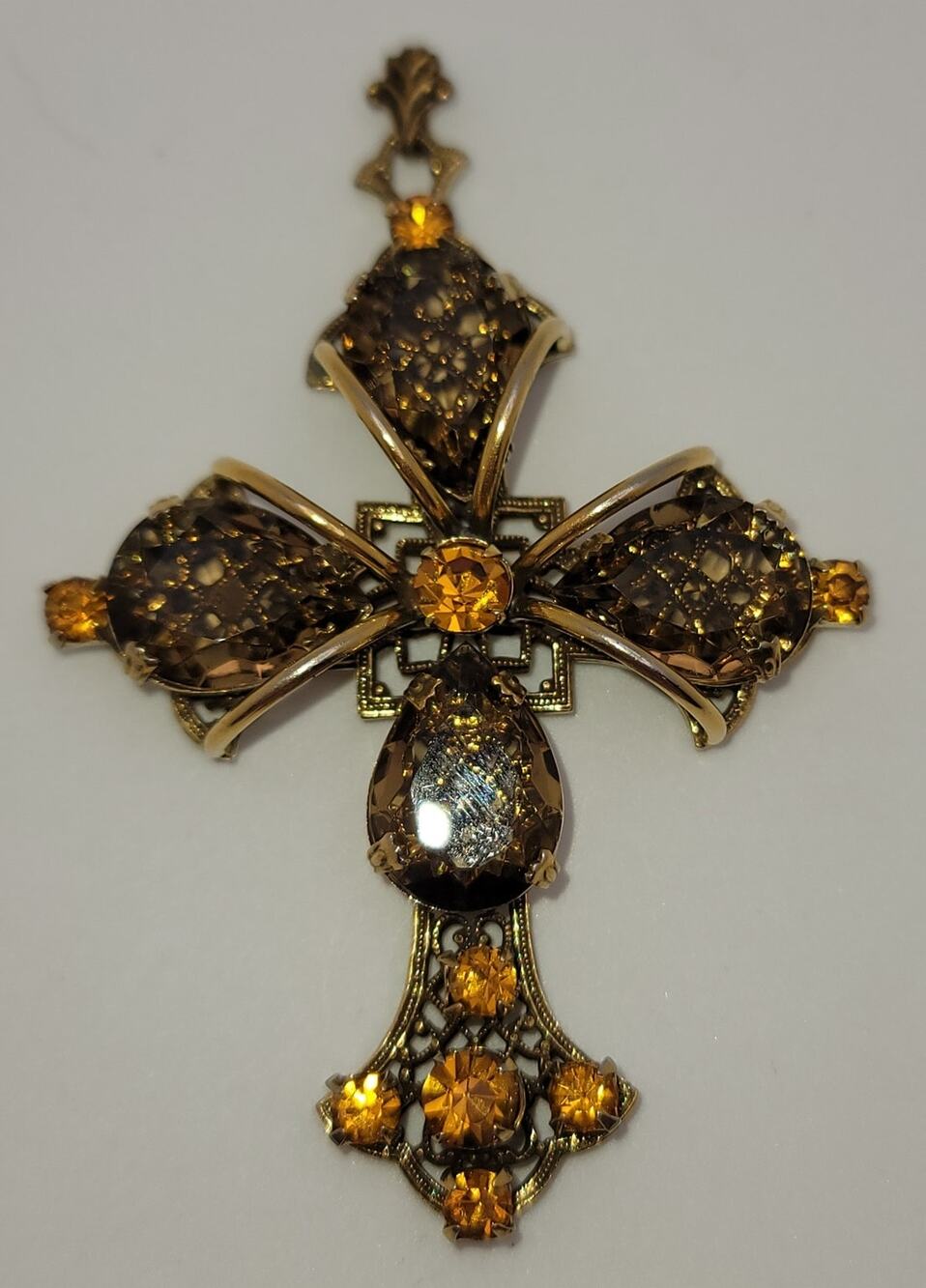 Vintage Ornate Gold-tone Smoky Topaz Crystal Cross Statement 3D Pendant